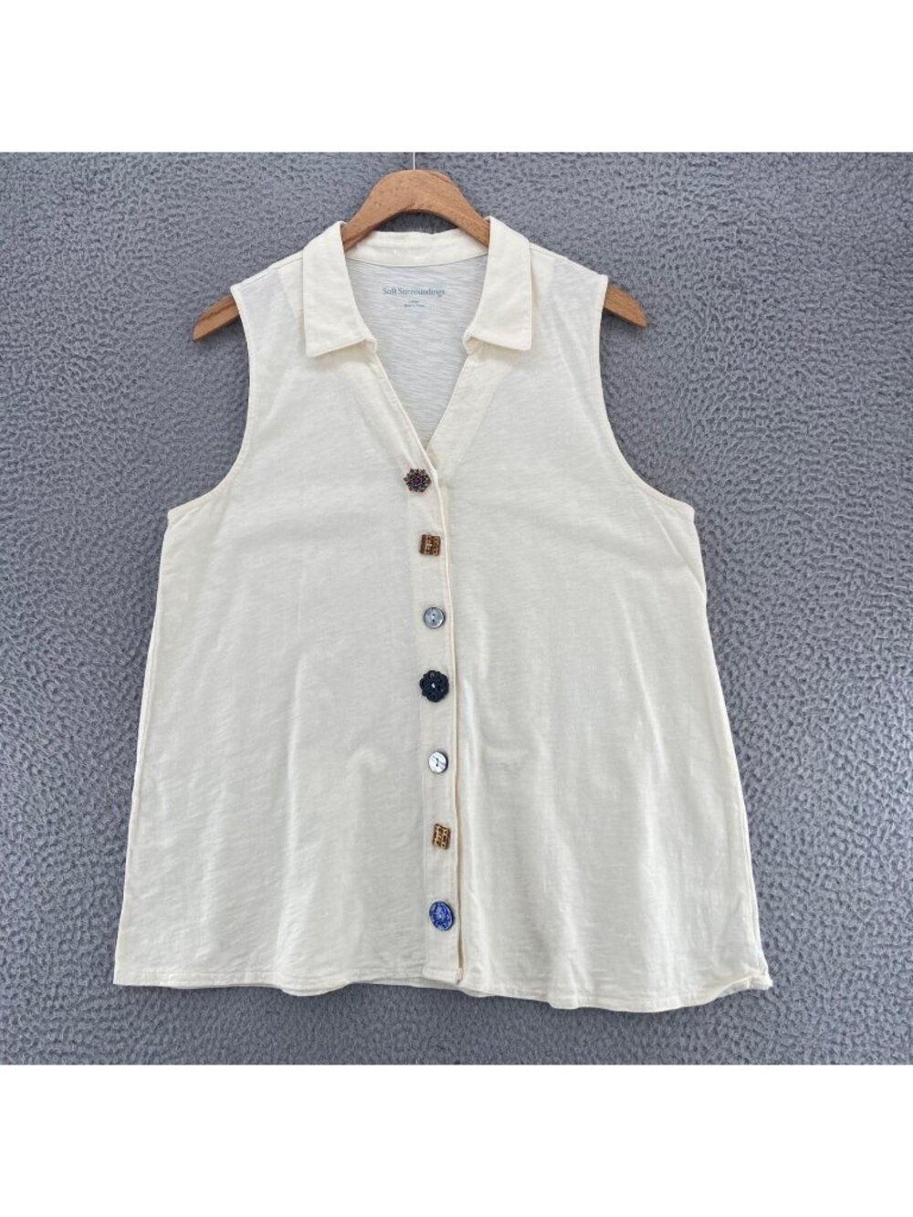 Soft Surroundings Shirt Womens Large Ivory Ecclectic Buttons Cotton Knit Tank
